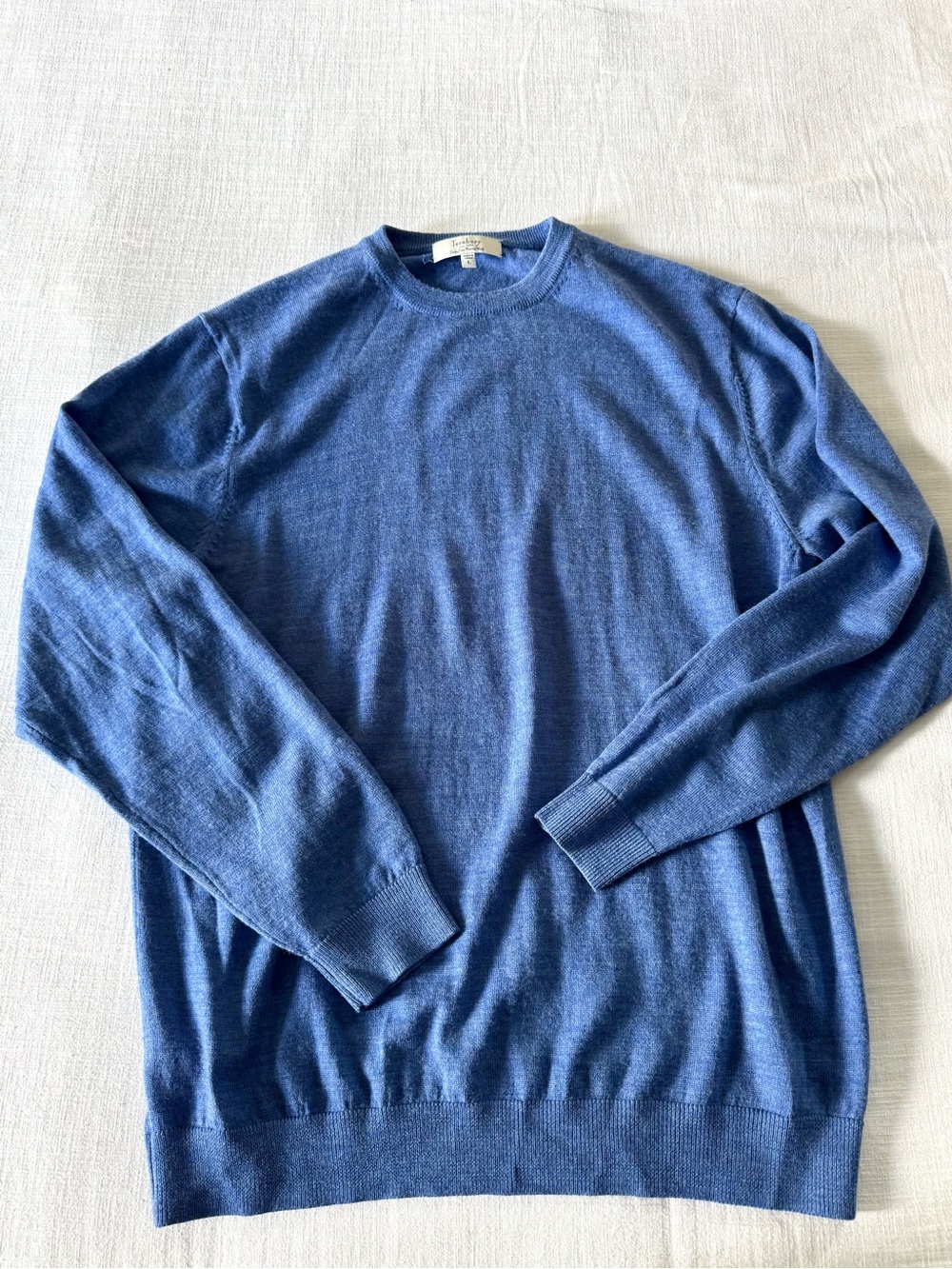 Turnbury Extra Fine Merino Wool Blue Crew Neck Sweater, Large